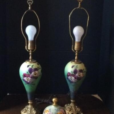 B-124 Pair of Hand Painted China Pansy Lamps and Hand Painted Bottle