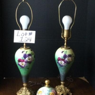 B-124 Pair of Hand Painted China Pansy Lamps and Hand Painted Bottle