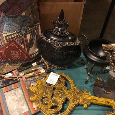 Household Lot - Library Pillow, 3 Picture Hangers, Key Candle Holder, Key Decorative Item, Black Bowl, Decorative Urn