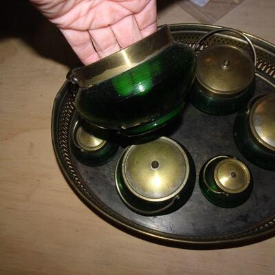 Vintage Emerald Green Glass & Brass Vanity Jar Set 