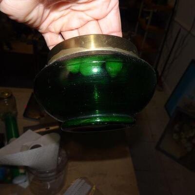 Vintage Emerald Green Glass & Brass Vanity Jar Set 