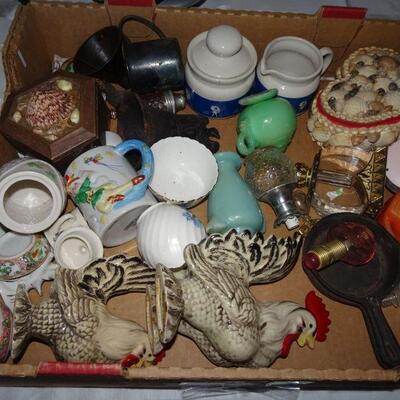 Box Lot of Collectibles - All one Money , Seashell heart, Roosters, Baby Cups, Lots of collectibles 