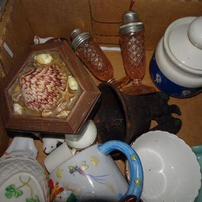 Box Lot of Collectibles - All one Money , Seashell heart, Roosters, Baby Cups, Lots of collectibles 