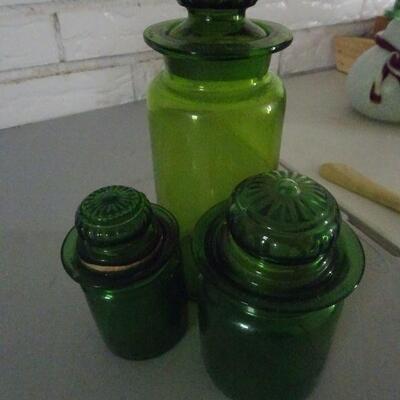 MCM Emerald Green Decanters, Apothecary Jars (3)