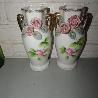 Two Ceramic Floral Vases, Pink Roses, Capad amonte like 