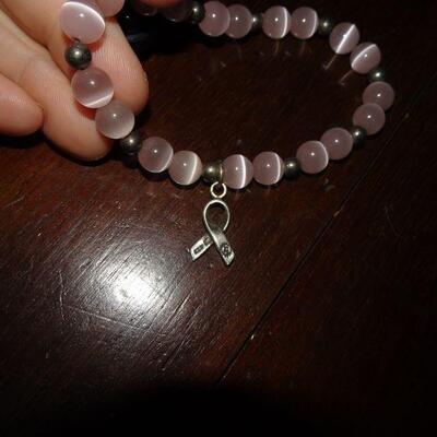 Sterling Silver and Pink Moon Stone Breast Cancer Stretch Bracelet 