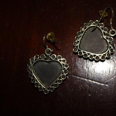 925 Sterling & Black Onyx Heart Earrings, Valentines Day Hearts - Earwires marked 925 NF