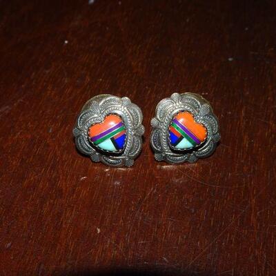 Native American Navajo Turquoise Multi Stone Silver Heart Post Earrings - Reserve must be met