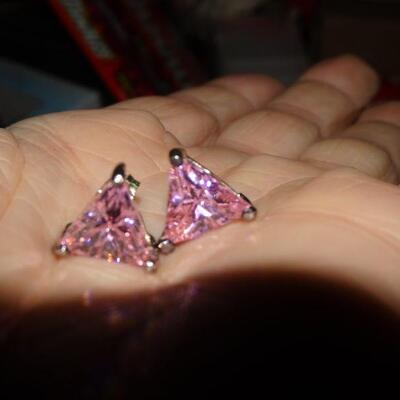 Sterling Silver Triangle Pink Tourmaline Post Earrings - Beautiful! 
