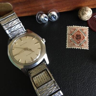 Wooden Jewelry Box and Contents with Bulova Watch 