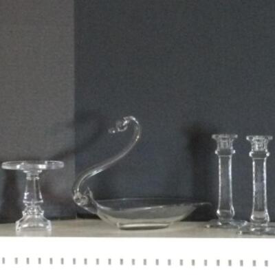 A-199Vintage Glass Swan Bowl Pair of Etched Glass Candlesticks Longaberger Pillar Candle Stand