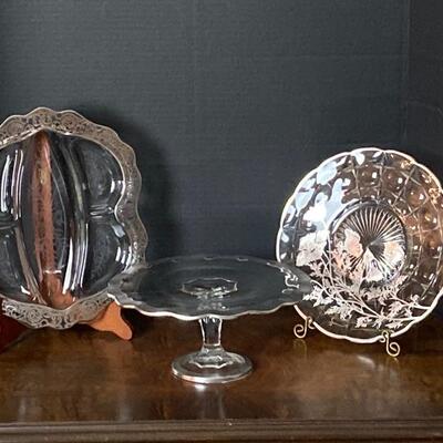 A-207 Glass Cake Stand and Two Serving Plates With Sterling Silver Overlay