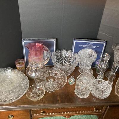 A-209 Pressed Glass Crystal Decorated Glass Pair of Goebel Plates