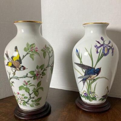 A-214 Pair of Franklin Porcelain Woodland Bird Vases 