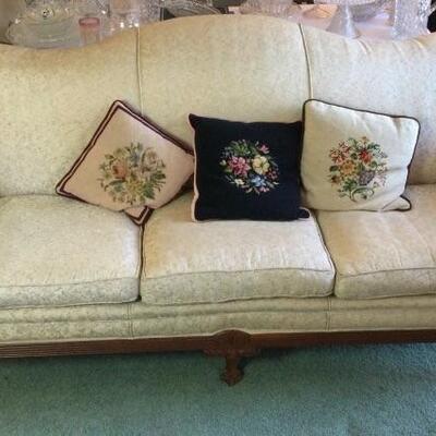 A-216 Antique Camelback Sofa with Three Needlepoint Throw Pillows 