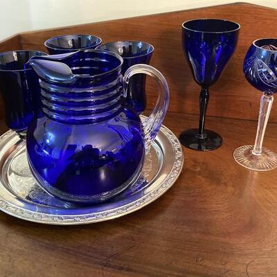 J-224 Cobalt Blue Glassware Silver Plate Tray Vintage Japan Biscuit Jar