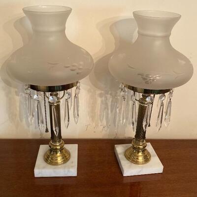 J-226 1940â€™s Mahogany Sideboard Pair of Brass and Marble Lamps Signed Talbot Watercolor 