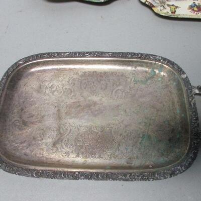 Lot 68 - Currier & Ives Hand Trays, Tile Trivets, and Silver Plate Serving Tray