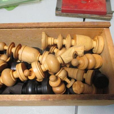 Lot 93 - Office Supplies & Wooden Chess Pieces 