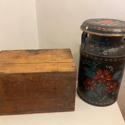 A543 Vintage painted mini milk can and Remington wood crate 
