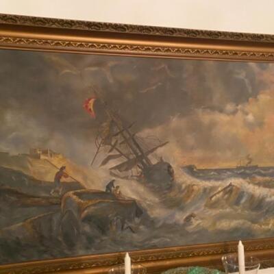D568 Antique Ship Painting on Canvas 