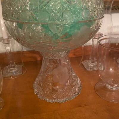 D575 Cut Glass  Punch Bowl with Etched Votives 