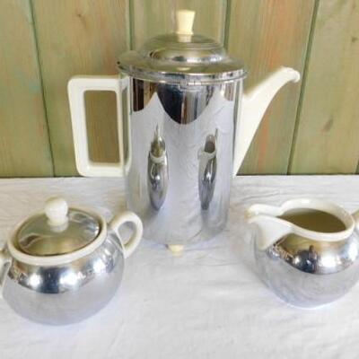Rare Mid Century Bauscher Weiden DRP Ceramic and Metal Teapot with Creamer and Suger