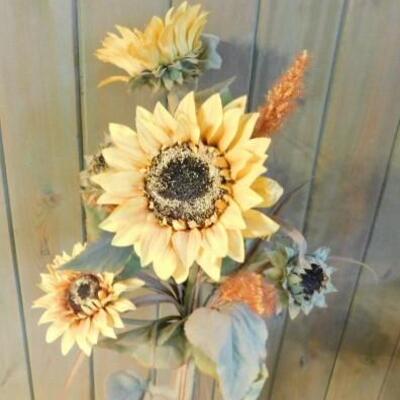Artificial Sunflowers Arranged in a Tall Glass Bottle Floor Vase with Metal Stand 50
