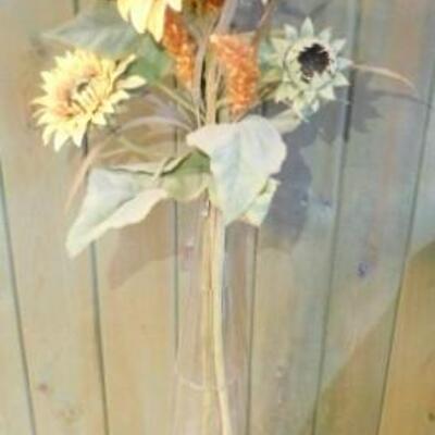 Artificial Sunflowers Arranged in a Tall Glass Bottle Floor Vase with Metal Stand 50