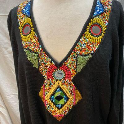 The Collective Works Of Berer2 Colorful Beaded Black Ribbed Sweater Size 2XL YD#020-1220-02003