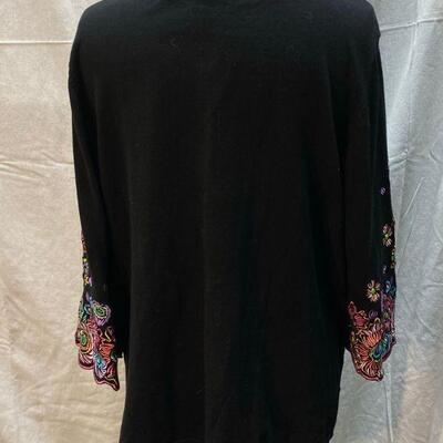 Bob Mackie Wearable Art Black Sweater w/ Bright Floral Embroidery Size XL YD#020-1220-02006