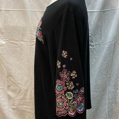 Bob Mackie Wearable Art Black Sweater w/ Bright Floral Embroidery Size XL YD#020-1220-02006