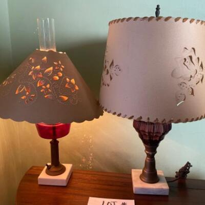 C595 Pair of Antique Colored Glass Lamps 