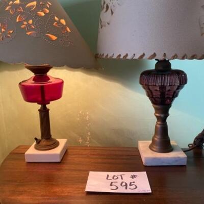 C595 Pair of Antique Colored Glass Lamps 