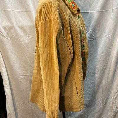 Bob Mackie Wearable Art Tan Corduroy Embroidered Button Up Long Sleeve Shirt Size XL YD#020-1220-02025