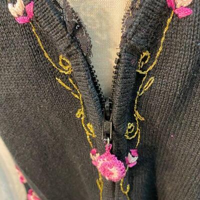 Storybook Knits Black Zip Front Pink Floral Sweater Cardigan Size Large YD#020-1220-02028