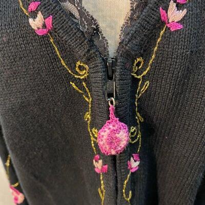 Storybook Knits Black Zip Front Pink Floral Sweater Cardigan Size Large YD#020-1220-02028