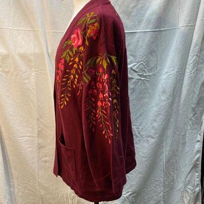 Linea by Louis Dell'Olio Dark Red Floral Embroidered Cardigan Sweater Size Large YD#020-1220-02029