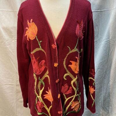 Storybook Knits Magenta Floral Tulip Embroidery Cardigan Sweater Size Large YD#020-1220-02032