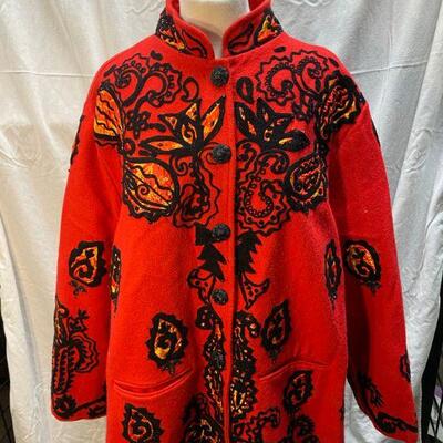 JA Resorts Red Wool Blend Asian Inspired Embroidered Jacket Coat Size XL YD#020-1220-02049