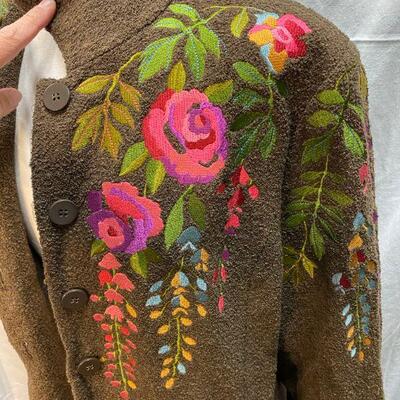 Linea by Louis Dell'Olio Olive Green Textured Wool Coat with Colorful Floral Embroidery Size L YD#020-1220-02037