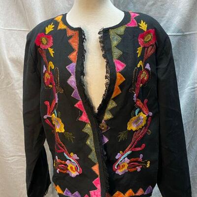 Indigo Moon Black Fringe Edge Patch work Embellished Embroidered Coat Jacket Size L YD#020-1220-02041