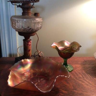 C617 Antique Lamp and Carnival Glass Lot 
