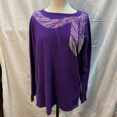 Bob Mackie Wearable Art Purple Sweater with Faux Beaded Scarf Design YD#020-1220-02050