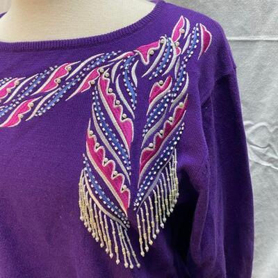 Bob Mackie Wearable Art Purple Sweater with Faux Beaded Scarf Design YD#020-1220-02050