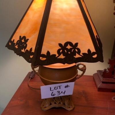 C634 Vintage Metal Lamp with Arts and Craft Style Glass Shade 