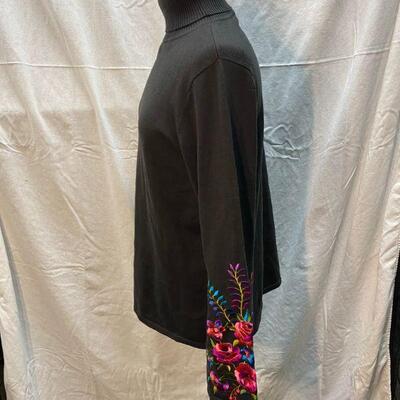 Linea by Louis Dell'Olio Black Turtleneck Sweater w Bright Floral Embroidery Sleeves YD#020-1220-02044
