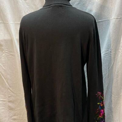 Linea by Louis Dell'Olio Black Turtleneck Sweater w Bright Floral Embroidery Sleeves YD#020-1220-02044