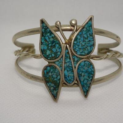 Southwestern Silver Tone Butterfly Cuff Bracelet - Chipped Turquoise, MCM 