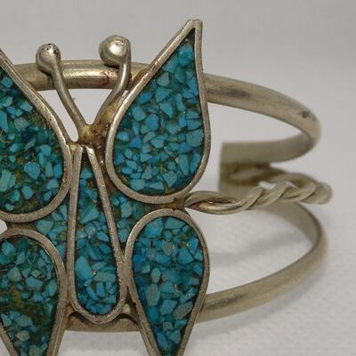 Southwestern Silver Tone Butterfly Cuff Bracelet - Chipped Turquoise, MCM 